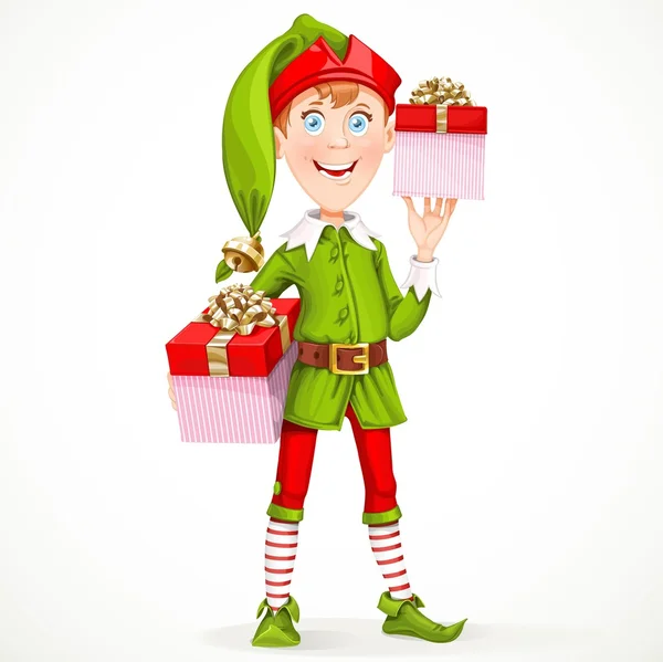 Cute boy the New Year's elf Santa's assistant gives gifts — Stock Vector