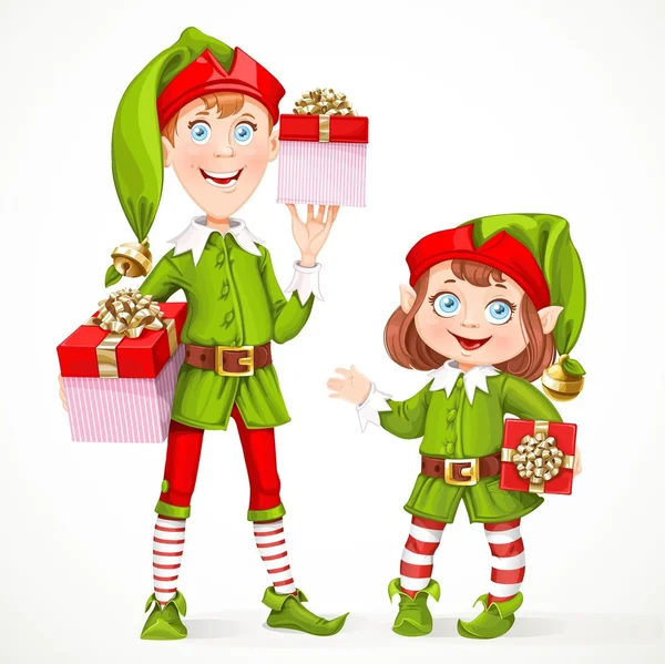 可爱小 elfes 圣诞老人的助手与孤立在一张白纸的礼物 — 图库矢量图片