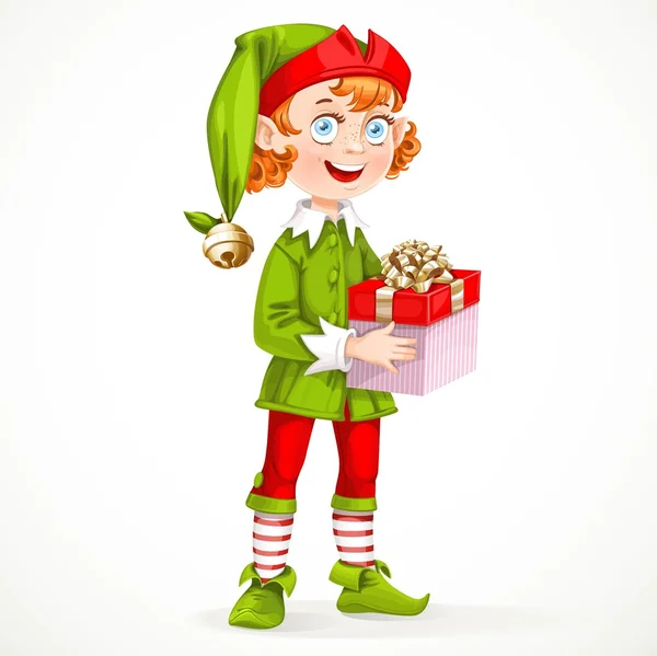 Cute New Year's elf Santa's assistant hold a gift isolated — Stock Vector