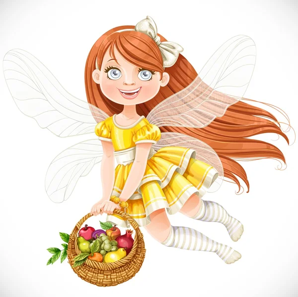 Söt liten fairy flicka i gul klänning med en rund wicker korg — Stock vektor