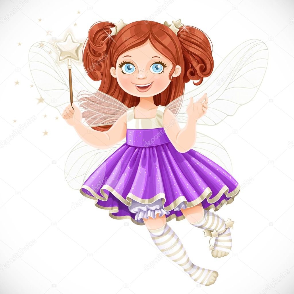 Cute little fairy girl in violet dress with a Magic wand