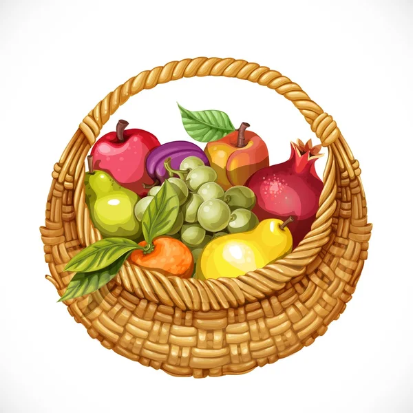 Cesta de mimbre redonda realista lleno de frutas — Archivo Imágenes Vectoriales