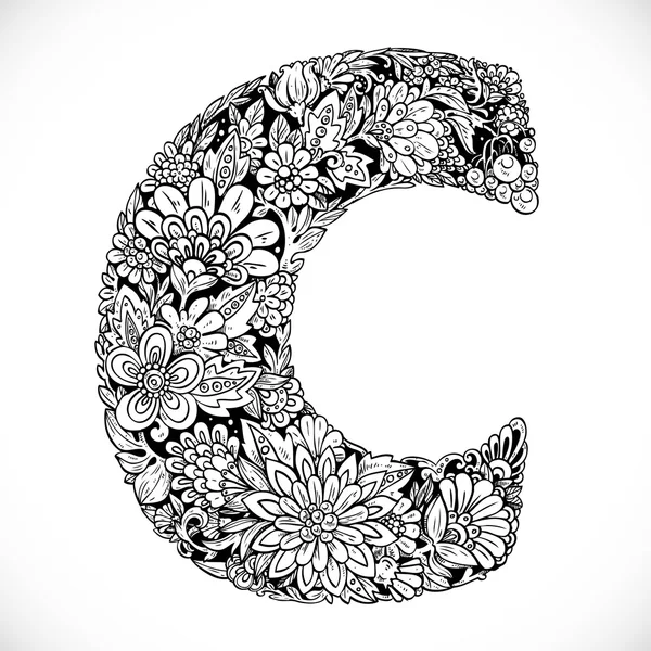 Doodles font from ornamental flowers - letter C. Black and white — Stock Vector