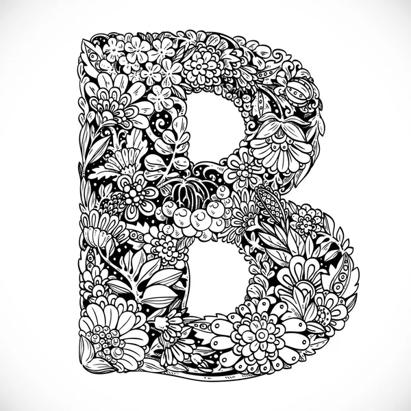 Doodles font from ornamental flowers - letter B. Black and white — Stock Vector