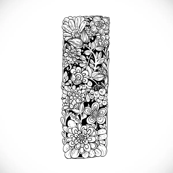 Letra de garabatos de flores ornamentales - letra I. blanco y negro — Vector de stock