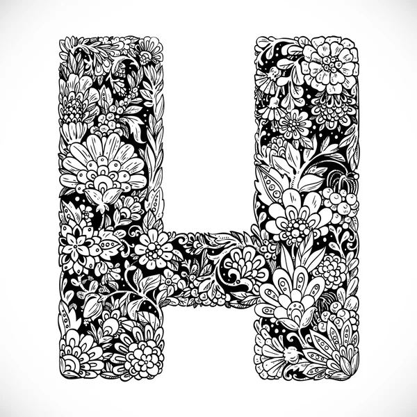 Doodles'ın yazı tipinden süs çiçekleri - mektup H. siyah ve beyaz — Stok Vektör