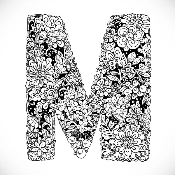 Doodles font from ornamental flowers - letter M. Black and white — Stock Vector