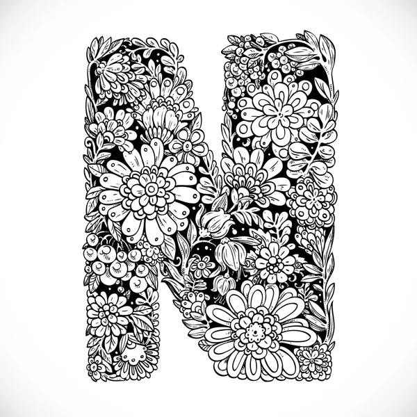 Fonte de rabiscos de flores ornamentais - carta N. preto e branco — Vetor de Stock
