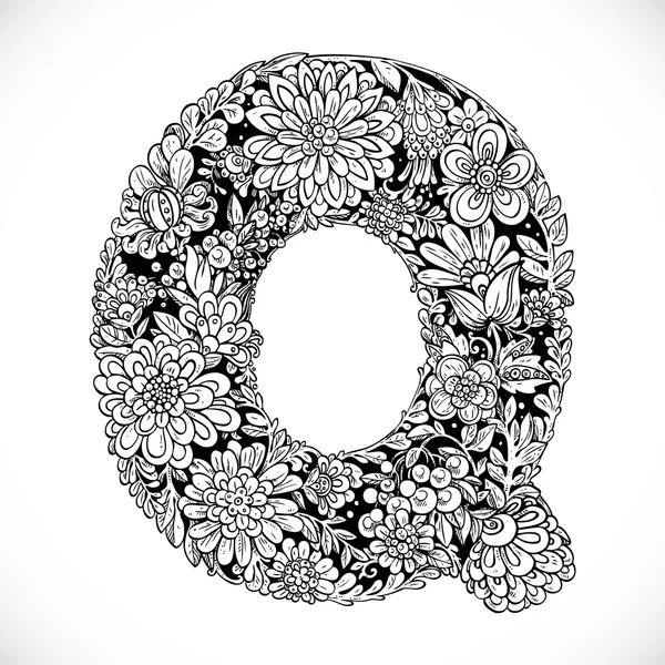 Kritzeleien Schrift von Dekorative Blumen - Buchstabe q schwarz und weiß — Stockvektor