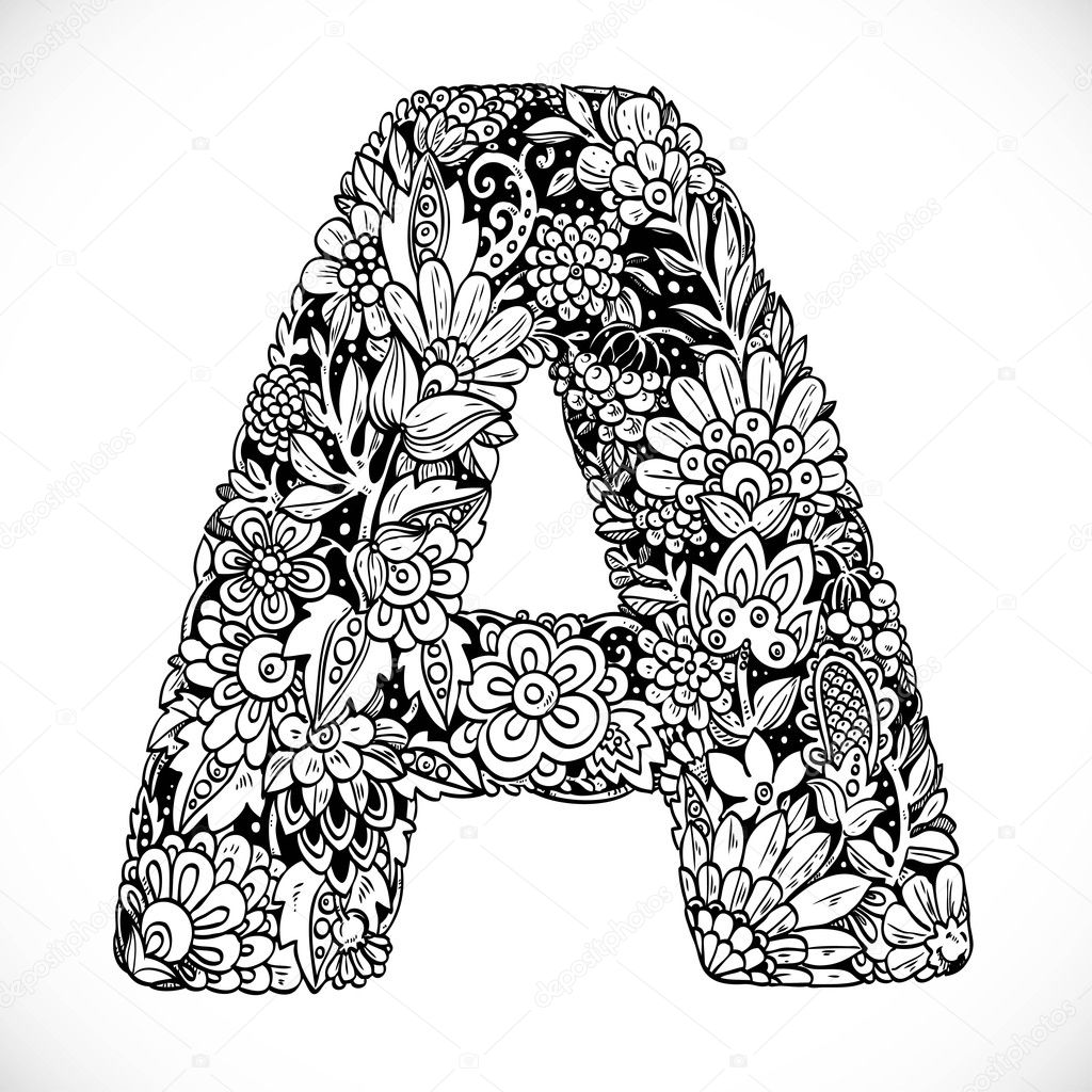 Doodles font from ornamental flowers - letter A. Black and white