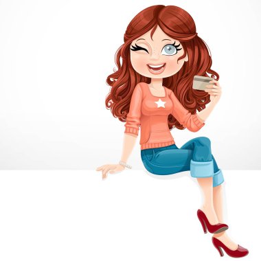 Elinde beyaz oturan bir kredi kartı ile güzel kız