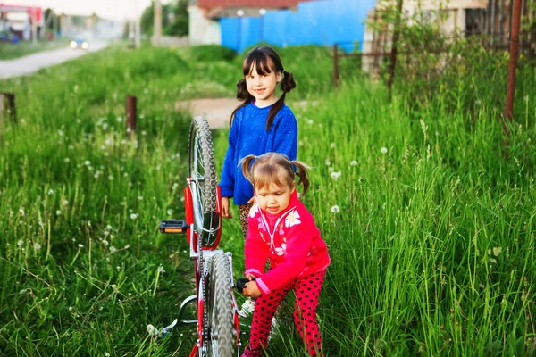 子供たちは、自転車を修理します。. — ストック写真