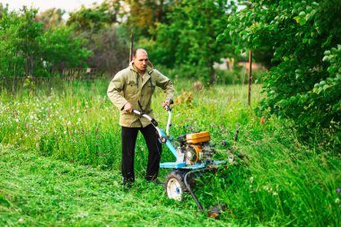 bir adam çim biçme.