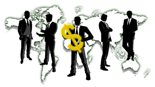 Businessmen Holding Money with World Map Background — Stock Photo, Image