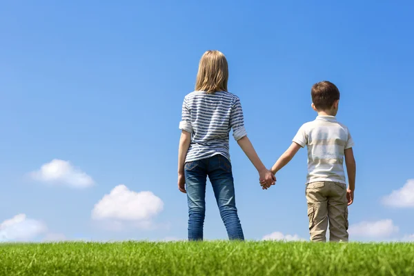 Fratello e sorella che si tengono per mano sull'erba sullo sfondo del cielo — Foto Stock