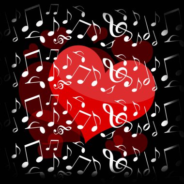 Kırmızı kalp ve beyaz müzik notaları siyah arkaplanda