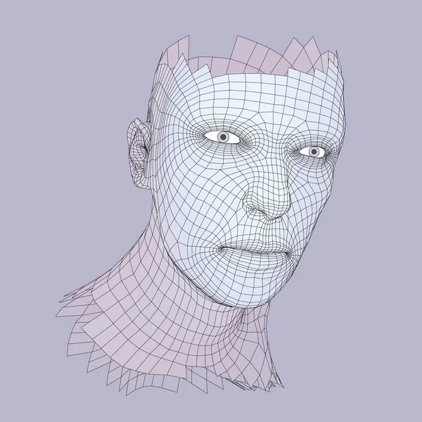 Jefe de la Persona de una cuadrícula 3d. Modelo de alambre de cabeza humana. Cabeza de polígono humano. Escaneo facial. Vista de la cabeza humana. Diseño geométrico 3D. Piel de revestimiento poligonal 3d. Geometría Polígono Hombre Retrato . — Archivo Imágenes Vectoriales