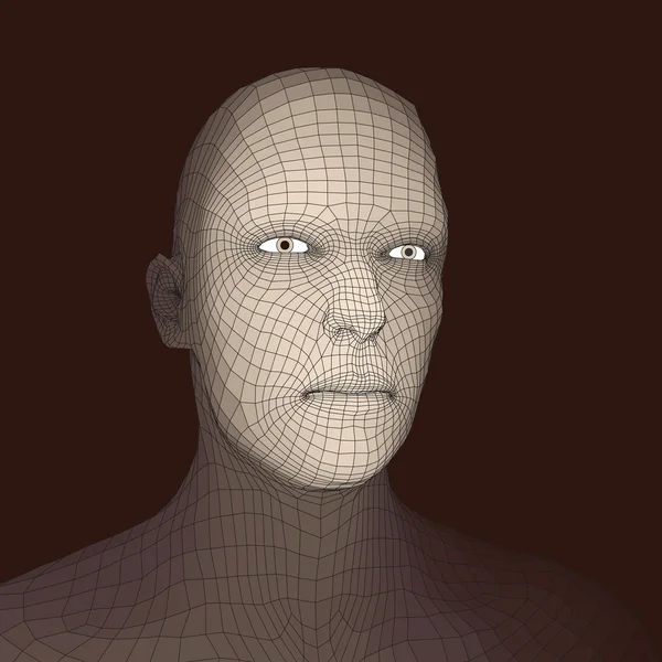 Głowę osoby z siatki 3d. Human Head drutu Model. Wielokąt człowieka głowy. Twarz skanowania. Widok z ludzką głową. geometrycznej powierzchni projektowania 3D. 3D wielokąta pokrycie skóry. Geometrii wielokąt mężczyzna portret. — Wektor stockowy