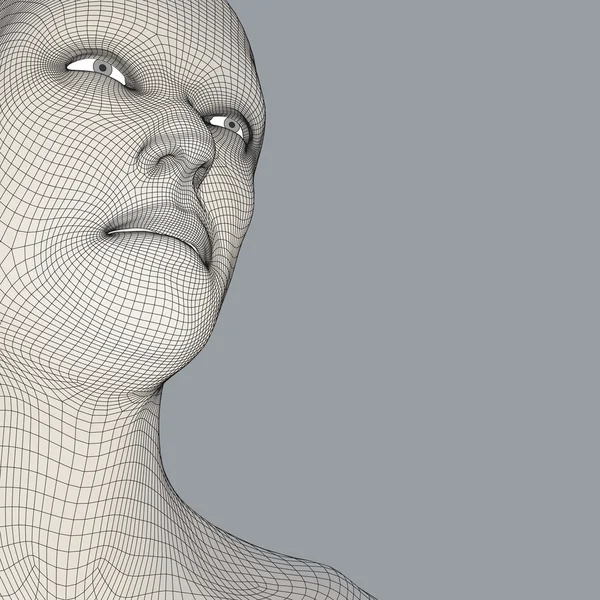 Vedoucí osoby z 3d mřížky. Lidská hlava drátěný Model. Mnohoúhelník lidské hlavy. Tvář skenování. Pohled na lidské hlavy. 3D návrh geometrické tvář. 3D polygonálních krycí kůže. Portrét muže geometrie mnohoúhelník. — Stockový vektor