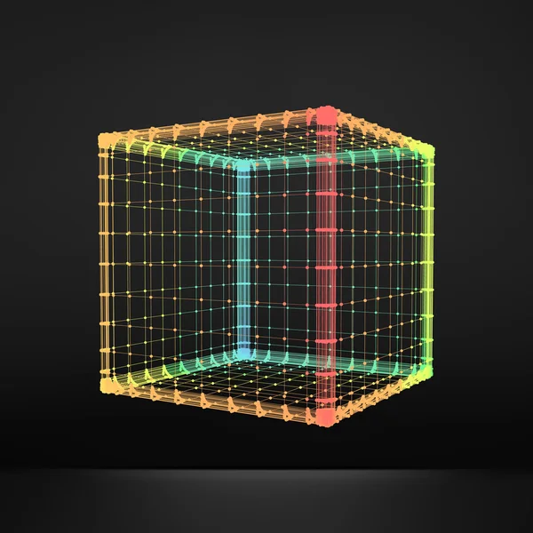 Würfel. Regelmäßiges Hexaeder. Platonischer Festkörper. regelmäßige, konvexe Polyeder. 3D-Verbindungsstruktur. Gitter geometrisches Element für Design. Molekularraster. Polygonales Drahtgitter-Element. — Stockvektor