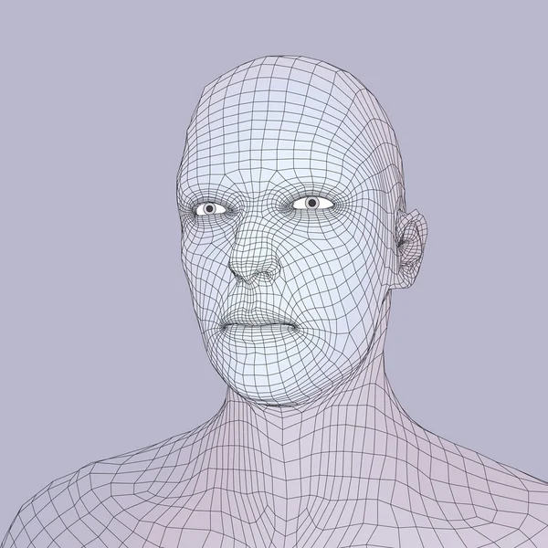 3d Grid insandan şefi. İnsan kafası Model tel. İnsan çokgen kafa. Yüz tarama. İnsan kafası görünümünü. 3D geometrik yüz tasarım. 3D poligonal kapsayan cilt. Geometri çokgen adam portresi. — Stok Vektör