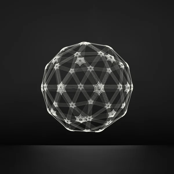 3D-Kugel. Globale digitale Verbindungen. Technologiekonzept. Vektorillustration. Drahtgitterobjekt mit Linien und Punkten. geometrische Form für das Design. Geometrisches Gitterelement, Emblem und Symbol. — Stockvektor