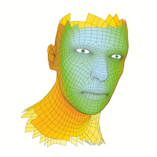 Tête de la Personne d'une Grille 3d. Modèle humain de fil de tête. Tête de Polygone Humain. Balayage du visage. Vue de la tête humaine. Conception de visage géométrique 3D. Peau de recouvrement polygonale 3d. Géométrie Polygone Homme Portrait . — Image vectorielle