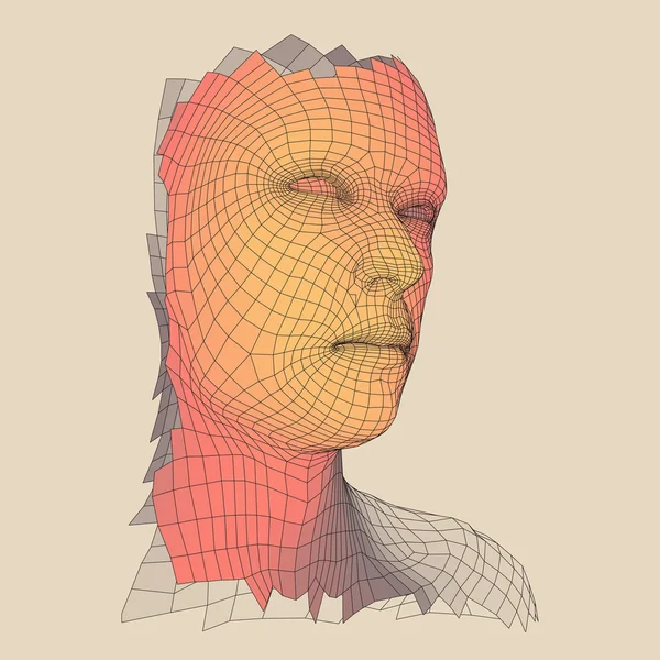 3d Grid insandan şefi. İnsan kafası Model tel. İnsan çokgen kafa. Yüz tarama. İnsan kafası görünümünü. 3D geometrik yüz tasarım. 3D poligonal kapsayan cilt. Geometri çokgen adam portresi. — Stok Vektör