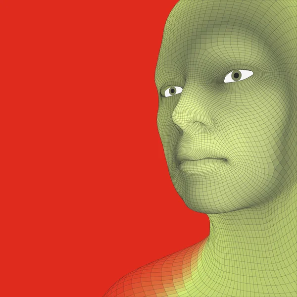 Jefe de la Persona de una cuadrícula 3d. Modelo de alambre de cabeza humana. Cabeza de polígono humano. Escaneo facial. Vista de la cabeza humana. Diseño geométrico 3D. Piel de revestimiento poligonal 3d. Geometría Polígono Hombre Retrato . — Vector de stock