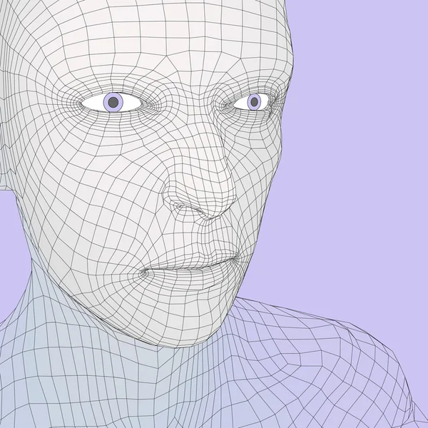 Chef för personen från ett 3d stödraster. Mänskliga huvudet kabel modell. Mänskliga Polygon huvud. Ansikte skanning. Vy över mänskligt huvud. 3D geometriska Face Design. 3D månghörniga täcker huden. Geometri Polygon Man porträtt. — Stock vektor