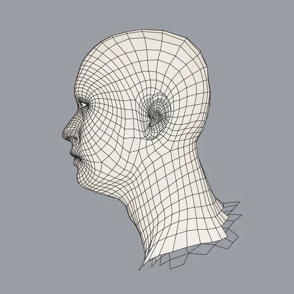 Chef för personen från ett 3d stödraster. Mänskliga huvudet kabel modell. Mänskliga Polygon huvud. Ansikte skanning. Vy över mänskligt huvud. 3D geometriska Face Design. 3D månghörniga täcker huden. Geometri Polygon Man porträtt. — Stock vektor