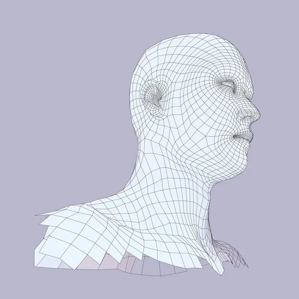 Tête de la Personne d'une Grille 3d. Modèle humain de fil de tête. Tête de Polygone Humain. Balayage du visage. Vue de la tête humaine. Conception de visage géométrique 3D. Peau de recouvrement polygonale 3d. Géométrie Polygone Homme Portrait . — Image vectorielle