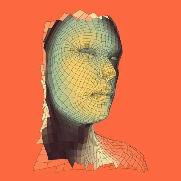 Κεφάλι του ατόμου από τρισδιάστατο πλέγμα. Ανθρώπινο κεφάλι καλωδίων μοντέλο. Πολύγωνο ανθρώπινο κεφάλι. Πρόσωπο σάρωση. Άποψη της ανθρώπινο κεφάλι. 3D σχεδίαση γεωμετρικών πρόσωπο. 3D πολυγωνικά κάλυψη δέρμα. Γεωμετρία πολύγωνο άνθρωπος πορτρέτο. — Διανυσματικό Αρχείο