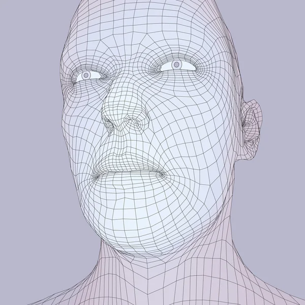 A személy egy 3D-s háló vezetője. Emberi fej drót modell. Emberi sokszög vezetője. Fürkésző arca. Kilátás-ból emberi fej. 3D-s geometriai arc Design. 3D sokszögű borító bőrt. Geometria sokszög férfi portré. — Stock Vector