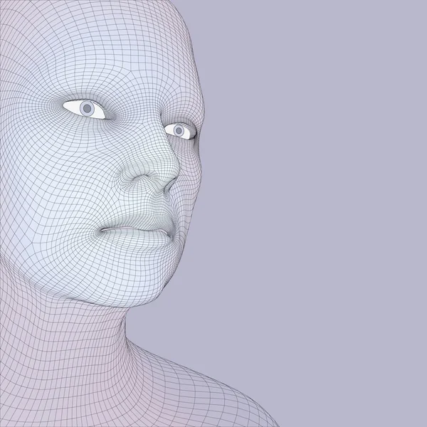 Testa della persona da una griglia 3d. Modello di filo spinato umano. Testa di Poligono Umana. Scansione del volto. Vista della testa umana. Design del viso geometrico 3D. Pelle di copertura poligonale 3d. Geometria Poligono Uomo Ritratto . — Vettoriale Stock