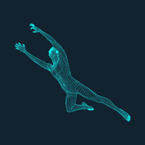 Jump Man. Polygonales Design. 3D-Modell des Menschen. geometrisches Design. Vektor-Illustration für Wirtschaft, Wissenschaft und Technologie. 3D polygonale Deckhaut. menschlicher Polygonkörper. Modell menschlicher Körperdraht. — Stockvektor