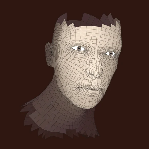 3 d グリッドから人の頭。人間の頭はワイヤー モデルです。人間の多角形の頭。スキャンの顔。頭部の様子3 d の幾何学的な顔のデザイン。皮膚が 3 d 多角形のカバー。ジオメトリの多角形男の肖像. — ストックベクタ