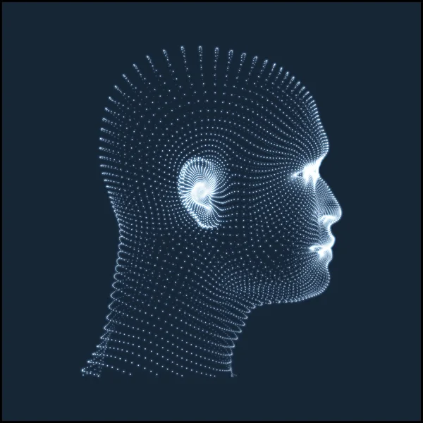 Голова "Людини" з 3d сітки. Модель голови людини. Сканування обличчя. Вид людської голови. 3D геометричний дизайн обличчя. 3D покриття шкіри. Портрет людини-геометрії. Може бути використаний для аватаря, науки, технології — стоковий вектор