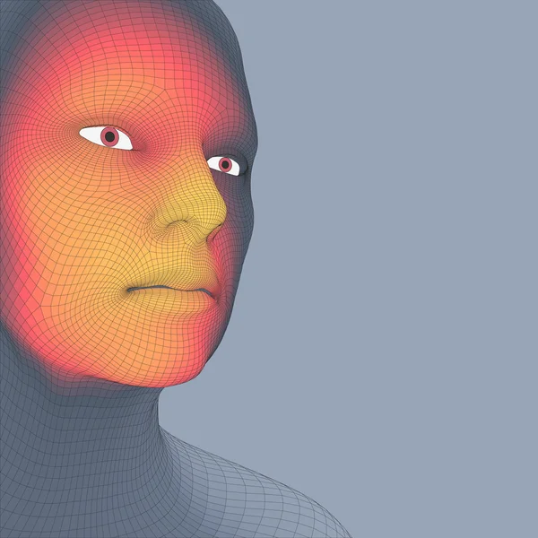 3d Grid insandan şefi. İnsan kafası Model tel. İnsan çokgen kafa. Yüz tarama. İnsan kafası görünümünü. 3D geometrik yüz tasarım. 3D poligonal kapsayan cilt. Geometri çokgen adam portresi. — Stok Vektör