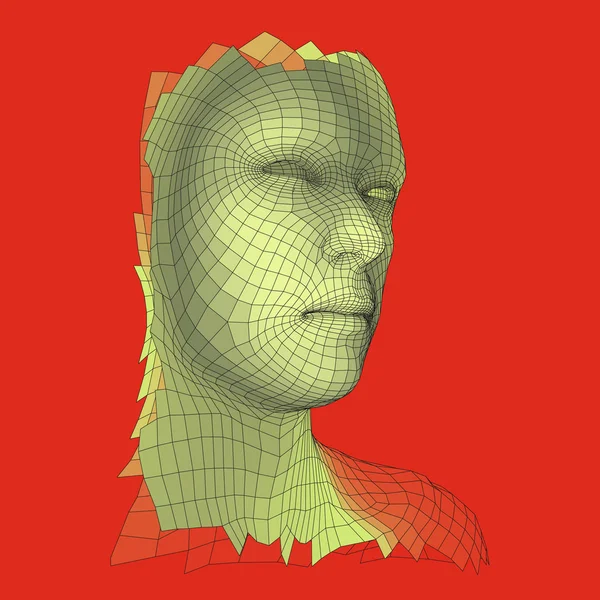 3d Grid insandan şefi. İnsan kafası Model tel. İnsan çokgen kafa. Yüz tarama. İnsan kafası görünümünü. 3D geometrik yüz tasarım. 3D poligonal kapsayan cilt. Geometri çokgen adam portresi. — Stok Vektör