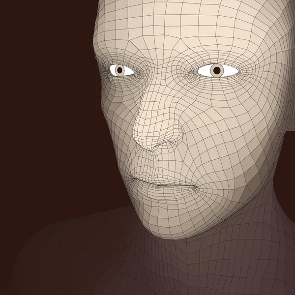 3d Grid insandan şefi. İnsan kafası Model tel. İnsan çokgen kafa. Yüz tarama. İnsan kafası görünümünü. 3D geometrik yüz tasarım. 3D poligonal kapsayan cilt. Geometri çokgen adam portresi. — Stok Vektör