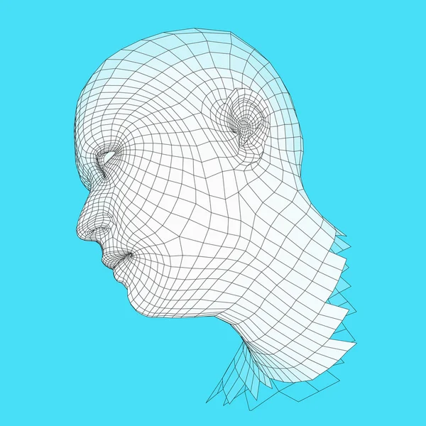 Chef för personen från ett 3d stödraster. Mänskliga huvudet kabel modell. Mänskliga Polygon huvud. Ansikte skanning. Vy över mänskligt huvud. 3D geometriska Face Design. 3D månghörniga täcker huden. Geometri Polygon Man porträtt. — Stock vektor