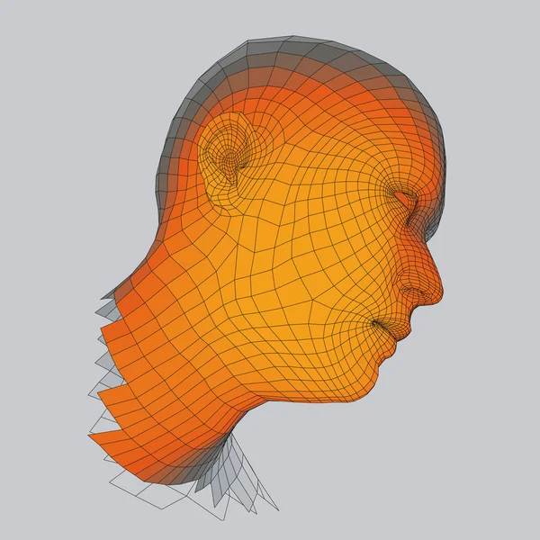 Chef för personen från ett 3d stödraster. Mänskliga huvudet kabel modell. Mänskliga Polygon huvud. Ansikte skanning. Vy över mänskligt huvud. 3D geometriska Face Design. 3D månghörniga täcker huden. Geometri Polygon Man porträtt. — Stock vektor