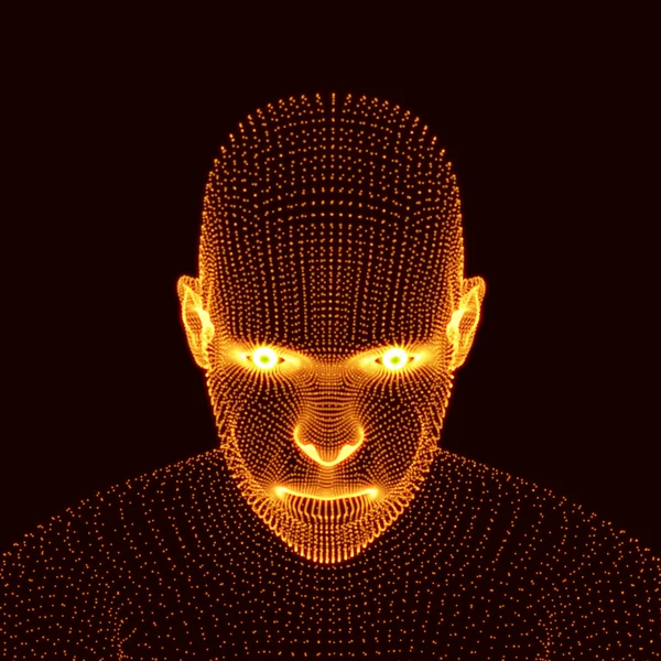 Chef för personen från ett 3d stödraster. Mänskliga huvudet modell. Ansikte skanning. Vy över mänskligt huvud. 3D geometriska Face Design. 3D som täcker huden. Geometri Man porträtt. Kan användas för avatar, vetenskap, teknik — Stock vektor