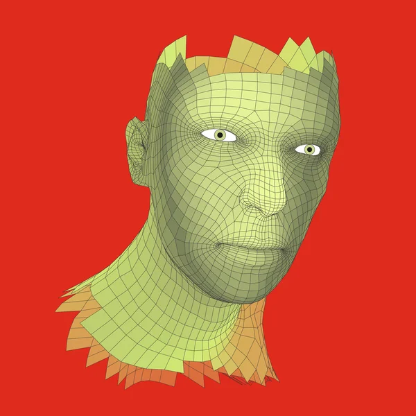 Głowę osoby z siatki 3d. Human Head drutu Model. Wielokąt człowieka głowy. Twarz skanowania. Widok z ludzką głową. geometrycznej powierzchni projektowania 3D. 3D wielokąta pokrycie skóry. Geometrii wielokąt mężczyzna portret. — Wektor stockowy