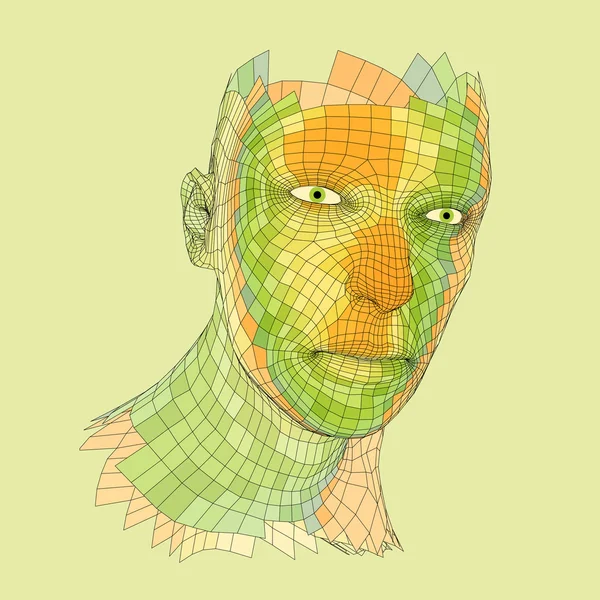 Kepala orang dari 3d Grid. Manusia Kepala Wire Model. Kepala Poligon Manusia. Pemindaian wajah. Pemandangan Kepala Manusia. Desain Wajah Geometrik 3D. 3d Polygonal Covering Skin. Potret Manusia Poligon Geometri . - Stok Vektor