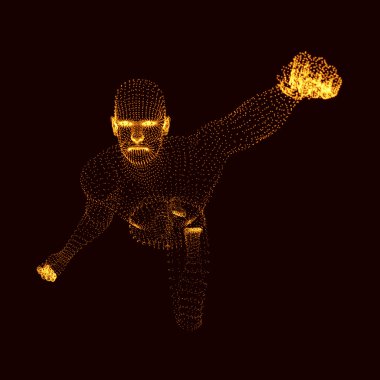 Fighting Man. 3D Model of Man. Human Body Model. Body Scanning. View of Human Body. Vector Graphics Composed of Particles. clipart