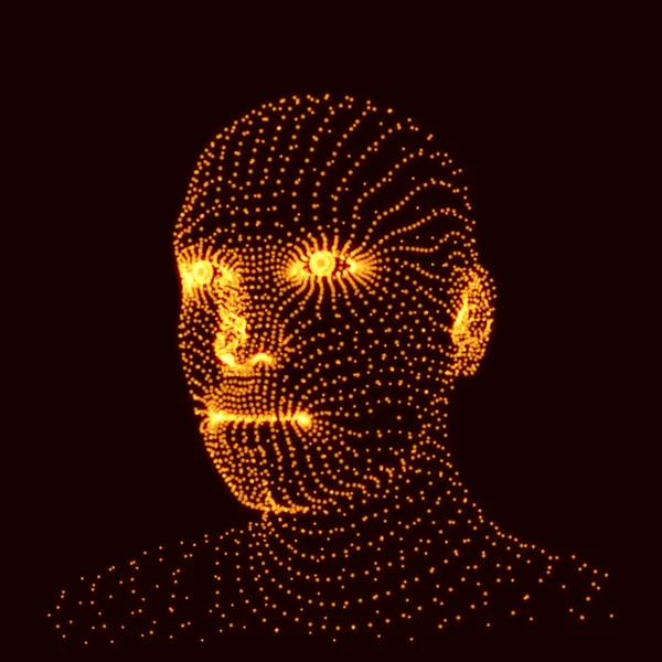 Chef för personen från ett 3d stödraster. Mänskliga huvudet modell. Ansikte skanning. Vy över mänskligt huvud. 3D geometriska Face Design. 3D som täcker huden. Geometri Man porträtt. Kan användas för avatar, vetenskap, teknik — Stock vektor