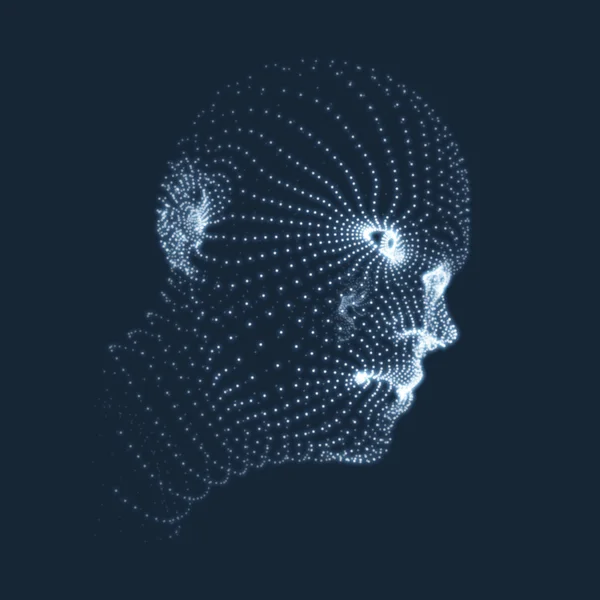 Голова "Людини" з 3d сітки. Модель голови людини. Сканування обличчя. Вид людської голови. 3D геометричний дизайн обличчя. 3D покриття шкіри. Портрет людини-геометрії. Може бути використаний для аватаря, науки, технології — стоковий вектор