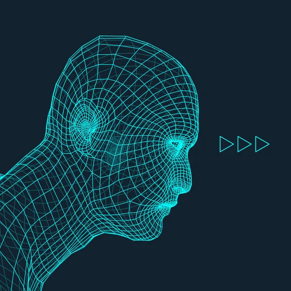 Kopf der Person aus einem 3D-Raster. menschlicher Kopf Draht Modell. menschlicher Polygonkopf. Gesichtsscans. Sicht des menschlichen Kopfes. 3D geometrisches Gesicht Design. 3D polygonale Deckhaut. Geometrie Polygon Mann Porträt. — Stockvektor